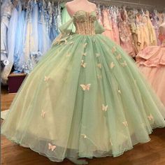 Pink Green Quince Dress, Fall Sweet 16 Dresses, Green Butterfly Quinceanera Theme, Princess And The Frog Quinceanera Theme Dress, Sweet 16 Dress Green, Green And Pink Quinceanera Dresses, Olive Green Quinceanera Dresses, Princess And The Frog Quince, Light Green Quinceanera Dresses