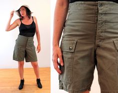 70s Dutch Army Cargo Shorts M, Vintage Military Unisex Grunge Drab Olive Green KL HV Puijenbroek, 30 to 32 Waist Vintage Cargo Style Bottoms For Spring, Vintage Cargo Style Spring Bottoms, Vintage Spring Cargo Style Bottoms, Vintage Cargo Bottoms For Summer, Vintage Cotton Khaki Shorts, Vintage Summer Bottoms With Cargo Pockets, Vintage Fitted Shorts With Pockets, Vintage Cotton Shorts With Cargo Pockets, Vintage Cotton Cargo Shorts For Summer