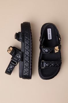 Quilted Sandals Outfit, Black Chunky Platform Slingback Sandals, Black Flat Platform Sport Sandals, Luxury Black Sandals With Lug Sole, Steve Madden Black Platform Sandals, Shoe Storage Hacks, Quilted Shoes, Shoe Storage Solutions, Trendy Sandals