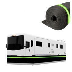 a white bus parked next to a roll of black tape with green lines on it