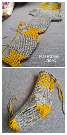 two pictures of socks with yellow and gray stripes on the bottom, one is made from yarn