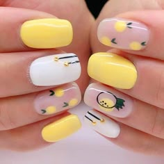 Apr 7, 2021 - Are you looking for some summer nails to try out this season? If so, you’ve come to the right post! With summer almost here, I wanted to put together a collection of my favourite designs to give you guys some inspiration. I tried to include a wide range of styles from bright abstract nails Pineapple Nails, Lemon Nails, Yellow Nails Design, Summer Gel Nails, Cute Gel Nails, Short Acrylic Nails Designs, Short Nail Designs, Kandy, Beach Nails