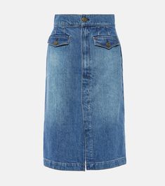 High-rise denim midi skirt in blue - Frame | Mytheresa Mid-rise Cotton Denim Skirt With Button Closure, Knee-length Denim Skirt With Pockets, Knee-length Jeans For Spring, Medium Wash Cotton Denim Skirt With Button Zip Fly, Medium Wash Denim Skirt With Button Zip Fly, Denim Blue Midi Skirt With Pockets, Straight Leg Skirt With Pockets For Spring, Medium Wash Cotton Knee-length Skirt, Medium Wash Knee-length Cotton Skirt