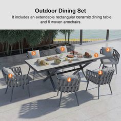 the outdoor dining set includes an extendable rectangular table and 6 woven armchairs