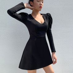 Material: Polyester Material: Spandex Model Number: 93507 Decoration: Draped Season: Autumn Waistline: Natural Style: Sexy & Club Silhouette: A-Line Sleeve Length(cm): Full Pattern Type: Solid Gender: Women Neckline: V-Neck Sleeve Style: Puff Sleeve Dresses Length: Above Knee, Mini color: Black style: Fashion,Sexy,Elegant Gender: Women Season: Autumn,Winter Elastic: Medium Party Dresses Black, Black Style Fashion, Spandex Dress, Sleeve Fashion, Puff Sleeve Dresses, Puffed Sleeves Dress, Womens Fall, Above Knee, Dress Materials