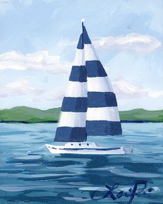 a painting of a blue and white sailboat floating in the ocean on a sunny day