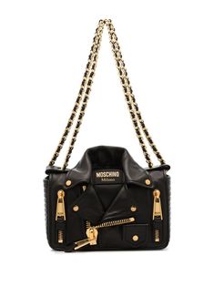 Black leather Biker crossbody bag from MOSCHINO featuring gold-tone hardware, chain-link shoulder strap and foldover top with magnetic fastening. Bike Bag, Shoulder Bag Black, Cute Bags, Black Cross Body Bag, Cloth Bags, Moschino, Chain Link, Crossbody Bag, Shoulder Strap