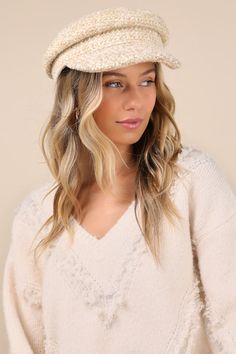 Amp up your autumn aesthetic with the San Diego Hat Co. Nine to Five Beige Tweed Newsboy Cabbie Hat! Soft and cozy wool-blend fabric boasts a chic tweed design as it shapes this retro-cute, newsboy-style cap. The shallow rounded brim continues into a low, banded collar with a flexible, slightly rounded top for an adorable look that's sure to be a winter winner! Lined. 2. 5" Hard Brim. 21" Interior Circumference. 50% Wool, 50% Polyester. Imported. Lulus | Nine to Five Beige Tweed Newsboy Cabbie Hat. Women’s Winter Hat, Tweed Design, Style Uniform, Nine To Five, Winter Accessories Fashion, Cold Weather Hats, Cabbie Hat, Cap Outfit, 90s Trends