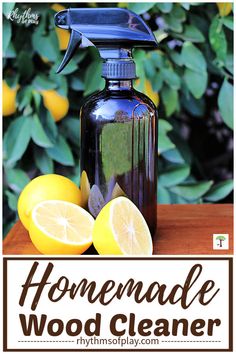 homemade wood cleaner with lemons and leaves in the background