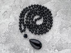 Black Necklace, Black Agate Long Necklace, 108 Mala Bead Necklace, Gift  for Man for Women, Hand Knotted Black Onyx Drop Pendant Necklace -  8mm Black Agate 108 beads -  10mm Black Onyx Guru bead -  Black Agate Pendant The necklace you see in the photo are made from 108 beads, each with a diameter of 8mm, creating a beautifully crafted piece. The length of the necklace is approximately 40 inches plus 4cm pendant.  Since I custom-make these necklaces, I can make them any length but also make alte Mala Bead Necklace, 108 Mala Beads, Drop Pendant Necklace, 108 Bead, Black Agate, Black Necklace, Necklace Black, Mala Beads, Agate Pendant