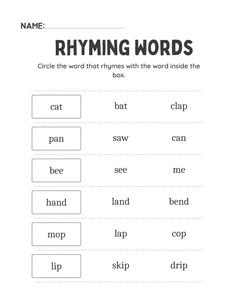 a worksheet with the words rhyming words in black and white on it