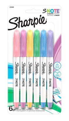 four different colors of sharpie marker pens in the package, one is pink, green, blue, and yellow