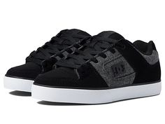 DC Pure - Men's Skate Shoes : Black/Grey/Black : Stay true to your style with the classic and ride-ready profile of the DC Pure skate shoes. Skateboard shoes with uppers of durable leather or suede. Lightweight mesh tongue and upper panels. Perforated upper panels and collar. Internal elastic holders for added foot stability. Extremely gummy DGT PLUS rubber front sole wall. Innovative, patent-pending DGT rubber bottom for enhanced board control and durability. Sole design provides excellent grou Urban Lace-up Sneakers For Skating, Lace-up Skating Sneakers With Rubber Sole, Urban Skate Shoes With Contrast Sole And Round Toe, Low-top Skate Shoes With Rubber Sole, Synthetic Sneakers With Vulcanized Sole For Skateboarding, Synthetic Vulcanized Sneakers For Skateboarding, Synthetic Lace-up Skate Shoes With Gum Sole, Skate Shoes With Speckled Midsole And Round Toe, Synthetic Skate Shoes With Speckled Midsole And Round Toe