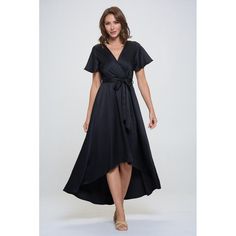 Our Satin Woven Georgia Faux Wrap Dress exudes a sophisticated and elegant feel. A faux wrap tie-waist detail and a hi-low hem that effortlessly flows with every movement. Pair it with a statement necklace and heels for a glamorous look. Prepare to turn heads at any event, from garden parties to evenings. Made in USA. Material - 100% Polyester. Machine washable. Spring Cocktail A-line Wrap Dress, Formal V-neck Belted Dress With Tie Waist, Spring Satin Midi Dress With Tie Waist, Fall Cocktail Wrap Dress With Surplice Neckline, Chic Midi Dress With Surplice Neckline And Tie Waist, Spring Formal Faux Wrap Dress, Formal Faux Wrap Dress For Spring, Fall Satin Dress With Tie Waist, Satin Tie-waist Dress For Fall