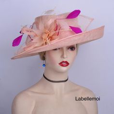 Large brim sinamay hat with one side up brim,feather flower &sinamay leaves It is made to order,the curled feather can be changed into other colors Brim width: about 13cm Head size: 57cm also with elastic to adjust it to be smaller Ideal for wedding/party/races/church It is handmade product and every hat is well inspected before shipment,no return accepted.But please do contact us if you have any problems on your order.Thanks for your supports. Adjustable Wedding Hat With Feather Trim, Pink Feather Trim Mini Hat For Evening, Pink Mini Hat With Feather Trim For Evening, Summer Races Mini Hat With Ostrich Feathers, Summer Mini Hats With Ostrich Feathers For Races, Spring Wedding Feathered Fascinator, Spring Wedding Fascinator With Feathers, Spring Wedding Feather Fascinator, Fitted Pink Mini Hat With Feather Trim