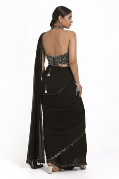 Black pre-draped saree with bead and mirrorwork embroidered floral cut-out border. Comes with a padded blouse highlighted by bead sequin cluster motifs. Comes with belt. - Aza Fashions Sarees Black, Draped Saree, Padded Blouse, Drape Saree, Blouse For Women, Fashion App, Embroidered Blouse, Black Silk, Aza Fashion