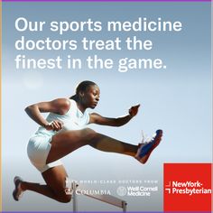 a woman running across a hurdle with the words, our sports medicine doctors treat the finest in the game