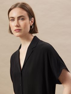 The Camp Collar Blouse in Black Manager Uniform, Office Tops For Women, Ralph Lauren Summer, Office Tops, Long Sleeve Jersey Shirt, Men Logo, Frank And Oak, Gym Hairstyles, Women Faces