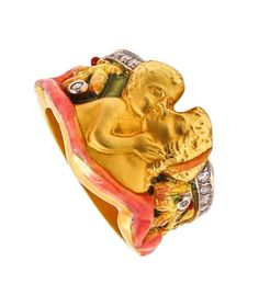 An art nouveau enameled ring designed by Masriera. Colorful piece, created in Barcelona Spain by the jewelry designer Gloria Masriera for Masriera. This beautiful ring has been crafted with art nouveau revival patterns in solid rich yellow gold of 18 karats with brushed and polished finish. The ring represent the allegorical figure of motherhood with a child and is embellished with application of  translucent multicolor enamels. Diamonds: Mount in a millegrain setting, with 14 round brilliant cu Barcelona 1999, Art Nouveau Revival, Dancing On The Edge, Art Nouveau Jewelry, Jewelry Techniques, Vs Diamond, Enamels, Jewelry Designer, Beautiful Ring