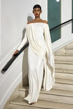 Off the Shoulder Ivory Jersey and Satin Draped Gown Pre-Order 4-6 Weeks Final Sale Made in NYC For inquiries regarding customization email: info@christiansiriano.com Draped Gown, Drape Gowns, Christian Siriano, Couture Gowns, Spring 2023, Fashion Show Collection, White Outfits, العناية بالشعر, New York Fashion Week