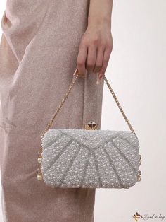 Bird in Bag - Elegant Pearl-Embellished Clutch Bag for Ladies: A Perfect Accessory for Evening Parties, Weddings, Proms, and Formal Events - Complete with Metal Chain Handle for Ease and Style. Complements Party Dresses, Formal Gowns, and Cocktail Attire. White Rectangular Evening Bag For Banquet, Elegant Embellished Evening Bag, Elegant Pearl White Party Clutch, Embellished Clutch Bags For Prom, White Evening Bag With Pearl Embroidery For Party, Elegant Pearl Bags For Party, Embellished Clutch For Banquet, Elegant Embellished Clutch For Events, Embellished Rectangular Evening Bag For Prom