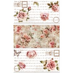 two pieces of paper with pink roses and butterflies on the top, one is white