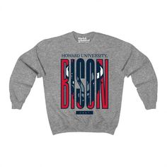 Howard University Bison™ Large Font Sweatshirt (Heather Grey) Officially licensed Howard University collegiate product Sweatshirt: .: Loose fit .: 50% USA Cotton; 50% Polyester .: Runs true to size Discover More Officially licensed Howard University Apparel Celebrating Black excellence. Building legacy. Join the scholar community: @BlackandScholared Proud HBCU-owned business Howard University Outfit, College Fan Apparel Sweatshirt With Logo Print, Winter College T-shirt With Logo Print, Varsity Tops With University Logo For Streetwear, Collegiate Sweatshirt With Logo For Fans, University Logo Cotton Sweatshirt For Fans, University Logo Cotton Sweatshirt Fan Gear, University Logo Cotton T-shirt For Fall, University Logo Cotton Sweatshirt For Fan Gear