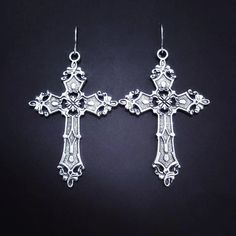 Silver Gothic Cross Earrings 021 - Etsy Gothic Cross Jewelry With Pierced Details, Gothic Cross Earrings For Pierced Ears, Pierced Gothic Cross Jewelry, Gothic Cross Pierced Jewelry, Gothic Cross-shaped Pierced Earrings, Alternative Aesthetic, Gothic Cross, Gothic Crosses, Earrings Aesthetic