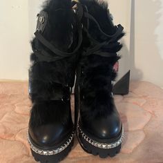 Sexy Fur Black Chuck Boots With Bling Bling Around The Bottom An Top Part Go With Just About Anything Stands Out From Everyone Else Black Spiked Winter Platform Boots, Edgy Ankle Boot Platform Boots For Party, Edgy Ankle Platform Boots For Party, Punk Style Platform Boots For Winter Night Out, Punk Style Winter Platform Boots For Night Out, Black Platform Boots For Winter Party, Punk Winter Party Boots, Punk Style Winter Party Boots, Punk Ankle Boots For Party