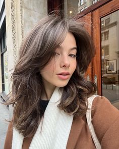 Haircut Medium Hair Layers, Medium Length Haircut Not Styled, Brown Hair Layers Curtain Bangs, Brown Layered Hair With Curtain Bangs, Fluffy Layers Medium Hair, Curtain Bangs Fluffy Hair, 90 Fluffy Hair, Shoulder Length Haircut With Layers And Curtain Bangs, Brown Hair Mid Length Layers