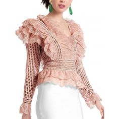 Reposhing This Item I Purchased From @Closetsnyc. Loved It, But Ready To Rotate For Something New. Questions? Leave A Comment Below! Ruffle Crochet, Pink Ruffle Top, Lace Peplum Blouse, Baby Pink Color, Romantic Blouses, Baby Pink Colour, Lace Peplum, Pink Ruffle, Crochet Blouse