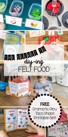 a collage of pictures showing different activities for children to play in the kitchen and on the table