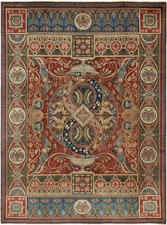 an intricately designed rug with many different colors and designs on the sides, including circles