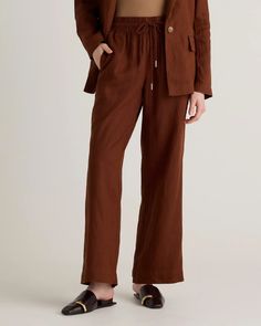 100% European Linen Wide Leg Pants Spring Linen Wide Leg Pants With Drawstring, Brown Linen Relaxed Fit Pants, Brown Linen Wide Leg Pants With Pockets, Brown Linen Bottoms For Spring, Casual Brown Linen Wide Leg Pants, Linen Drawstring Relaxed Fit Pants, Casual Linen Wide Leg Pants With Drawstring, Brown Linen Pants With Relaxed Fit, Spring Linen Pants With Drawstring