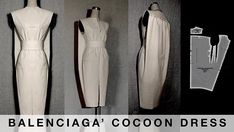 three different types of dresses on mannequins with the words balenciaa cocoon dress