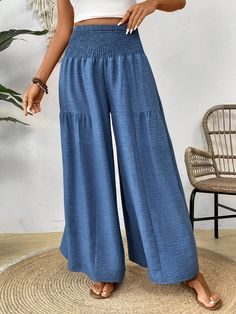 Blue Casual Collar  Polyester Plain Wide Leg Embellished Non-Stretch  Women Clothing Coverup Skirt, Casual Wide Leg Pants, Women Long Sleeve Tops, Pantalon Large, Boho Women, One Piece For Women, Texture Design, Long Pants, Primavera Estate