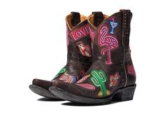 Old Gringo Jackpot Short - Women's Shoes : Chocolate : Style your outfit with the funky Old Gringo Jackpot Short booties with southwestern neon doodles on the upper. Leather upper. Soft leather lining and insole. Allover colorful sticker accent the ankle length boots. Pull-on style. Leather outsole. Real hair from calf originated from Mexico. Imported. Measurements: Heel Height: 1 1 2 in Weight: 1 lb 5 oz Circumference: 12 in Shaft: 8 in Product measurements were taken using size 9, width B - Me Fitted Casual Boots For Country Events, Trendy Fitted Boots For Western-themed Events, Funky Spring Boots, Neon Doodles, Ankle Length Boots, Style Your Outfit, Short Booties, Handmade Boot, Real Hair