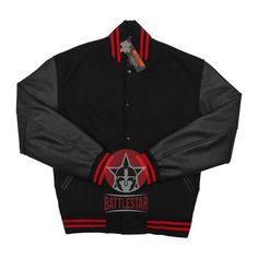 DETAILS OF JACKET The Classic Varsity Jacket Color: Black Black / Red Rib on Neck, Wrist & Bottom/Hem Two External Side Pockets Exterior Sleeve: Genuine Cowhide Leather Interior: Polyester Quilted Lining / Two Internal Pockets Style: Classic Varsity Care: DRY CLEAN ONLY We can add custom embroidery, printing, or labels on these jackets as per the customer's demand. Additional charges apply. Black Fitted Long Sleeve Varsity Jacket, Black Varsity Jacket For Winter, Fitted Varsity Jacket For Fall Streetwear, Urban Winter Fitted Varsity Jacket, Urban Fitted Varsity Jacket For Winter, Fitted Fall Varsity Jacket For Streetwear, Fitted Varsity Jacket For Streetwear In Fall, Fitted Black Varsity Jacket For Streetwear, Fitted Black Outerwear For College