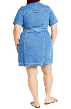 Traditionally laid-back denim gets a refined upgrade in this party-ready minidress boasting polished peak lapels and a matching D-ring belt. Front button closure Peaked lapels Short sleeves Front scoop pockets Removable belt Unlined 100% cotton Machine wash, line dry Imported Chic Belted Knee-length Denim Dress, Chic Belted Denim Dress For Work, Chic Knee-length Belted Denim Dress, Chic Fitted Belted Denim Dress, Fitted Belted Dress With Button Closure For Spring, Belted Knee-length Denim Dress, Chic Belted Denim Dress For Spring, Chic Fitted Belted Dress With Button Closure, Fitted Belted Dress With Pockets