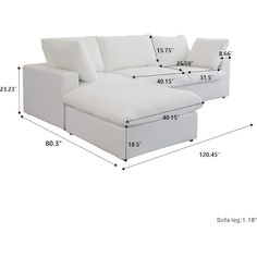 a white sectional sofa with the measurements for it