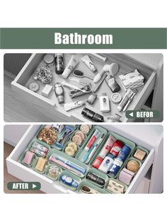 an open drawer with various items in it and the bottom drawer is filled with toothbrushes