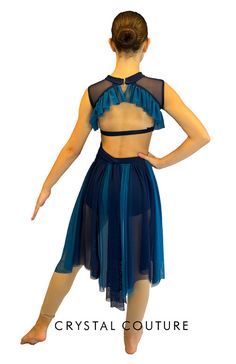 Navy custom made 2 piece lycra with sheer mesh overlay mock-neck top and trunk connected with dark Teal Blue and Navy mesh. Costume has piecey long back Teal Blue and Navy sheer mesh skirt and back Teal Blue ruffles. Accented with Teal Blue embroidered/pearl appliques and Navy embroidered appliques both covered with Swarovski rhinestones! * Almost 5 gross Swarovski XIRIUS Cobalt Shimmer 30ss, Cobalt Shimmer 20ss, Cobalt Shimmer 16ss, Cobalt Shimmer 12ss, Blue Zircon Shimmer 30ss, Blue Zircon Shi Blue Sheer Mesh Dress, Blue Fitted Mesh Dresses, Fitted Mesh Dress With Sheer Back, Fitted Blue Mesh Dress, Blue Fitted Dress With Sheer Back, Fitted Blue Dress With Sheer Back, Blue Mesh Party Dress, Trio Costumes, Sequin Jewelry