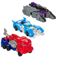 three toy cars are shown in different colors