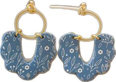 Blue Dangle Earrings For Spring, Blue Hoop Earrings For Spring Gift, Blue Earrings With Flower Charm For Spring, Blue Flower Charm Earrings For Spring, Blue Dangle Flower Earrings For Spring, Blue Floral Print Earrings As Gift, Blue Floral Print Earrings For Gift, Blue Flower Shaped Hoop Earrings, Blue Flower-shaped Hoop Earrings