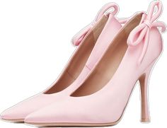 Pink Heels With Satin Bow For Spring, Feminine Wedding Heels With Satin Bow, High Heels With Pink Bow For Formal Occasions, Elegant High Heels With Pink Bow, Pink High Heels With Bow, Chic Formal Heels With Pink Bow, Formal Spring Heels With Pink Bow, Spring Formal Heels With Pink Bow, Pink Satin Bow Heels For Formal Occasions