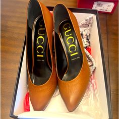 Gucci 3 1/2 Heeled Pump !!Size 40/9 Brown Calf Leather Heels With 4-inch Heel, Brown Court Shoes With Branded Insole For Business, Brown Business Court Shoes With Branded Insole, Chic Brown Court Shoes For Business, Cognac Round Toe Heels For Formal Occasions, Formal Cognac Heels With Round Toe, Gucci Almond Toe Heels For Office, Gucci Fitted High Heels, Elegant Gucci Heels With Leather Sole