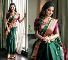 Kanchipuram Silk Saree Bottle Green Color With Gold Zari And Rich Pallu Along With Pink Color Blouse by SariIndia on Etsy Green Pattu Saree, Nabha Natesh, South Indian Wedding Saree, Saree Kanchipuram, Bridal Sarees South Indian, South Indian Sarees, Silk Saree Blouse Designs