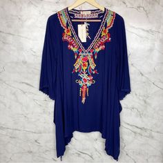 New With Tags Strings To Tie In The Back Sz Xl Blue Feel Free To Ask Questions V-neck Embroidered Blouse For Vacation, Bohemian V-neck Blouse With Multicolor Embroidery, Casual Blue Embroidered V-neck Top, Bohemian Blue V-neck Tops, Multicolor Embroidered V-neck Top For Vacation, V-neck Blouse With Multicolor Embroidery For Vacation, Blue V-neck Top With Floral Embroidery, Floral Embroidered V-neck Blouse For Vacation, Multicolor Embroidered V-neck Blouse