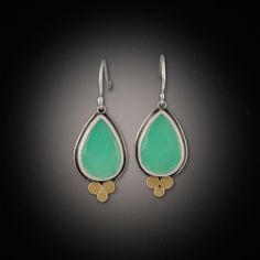 These luminous earrings feature rose cut chrysoprase accented with 22k gold hammered disk trios. Silver bezel and earwires. Earrings hang approximately 7/8 inches. Matte finish. Each stone is unique and may vary from the image. Earrings Everyday, Earring Ideas, Spiral Earrings, Rose Earrings, Teardrop Earrings