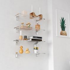 the shelves are filled with various objects and decor